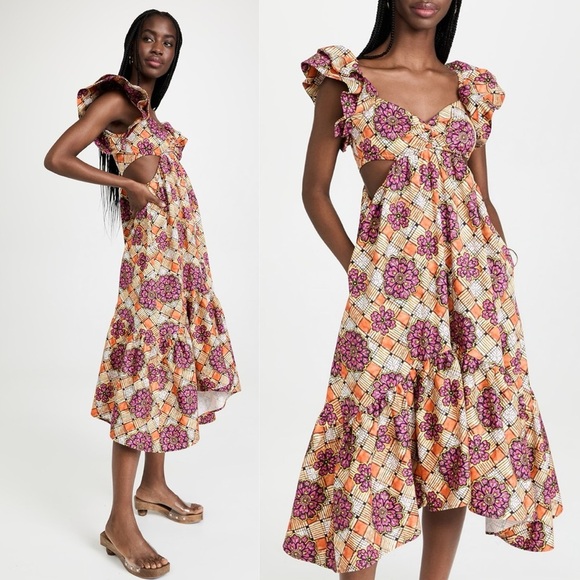 Autumn Adeigbo Cut Out Midi Chioma Ruffle Dress in Orange Base African Floral - Picture 1 of 11